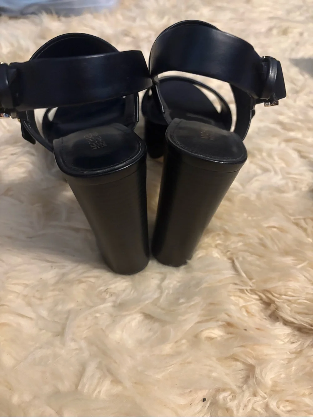 Michael Kors Black Leather Dual-Strap Block Heel Sandals with Gold Logo